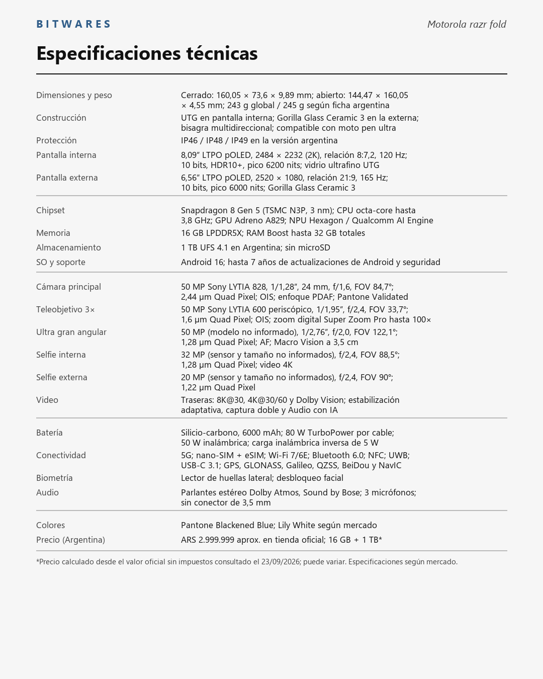 Ficha técnica detallada del Motorola razr fold con pantallas, cámaras, batería, conectividad y precio en Argentina