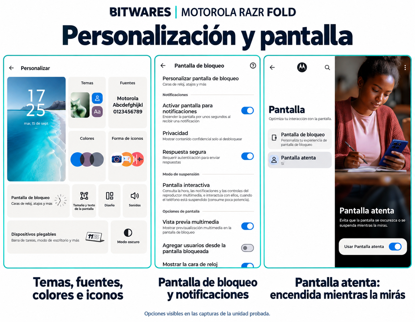 Personalización y pantalla: infografía basada en las capturas de software del Motorola razr fold.