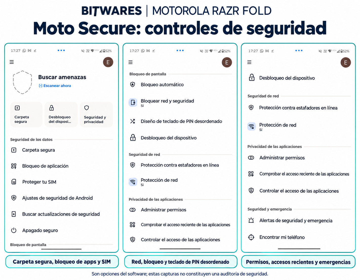 Moto Secure: controles de seguridad: infografía basada en las capturas de software del Motorola razr fold.