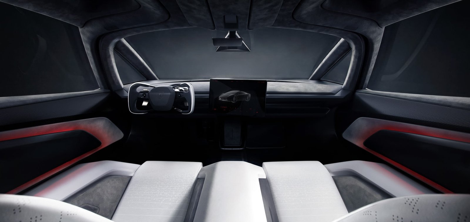 Interior del Tesla Roadster con asientos blancos, volante tipo yoke y pantalla central