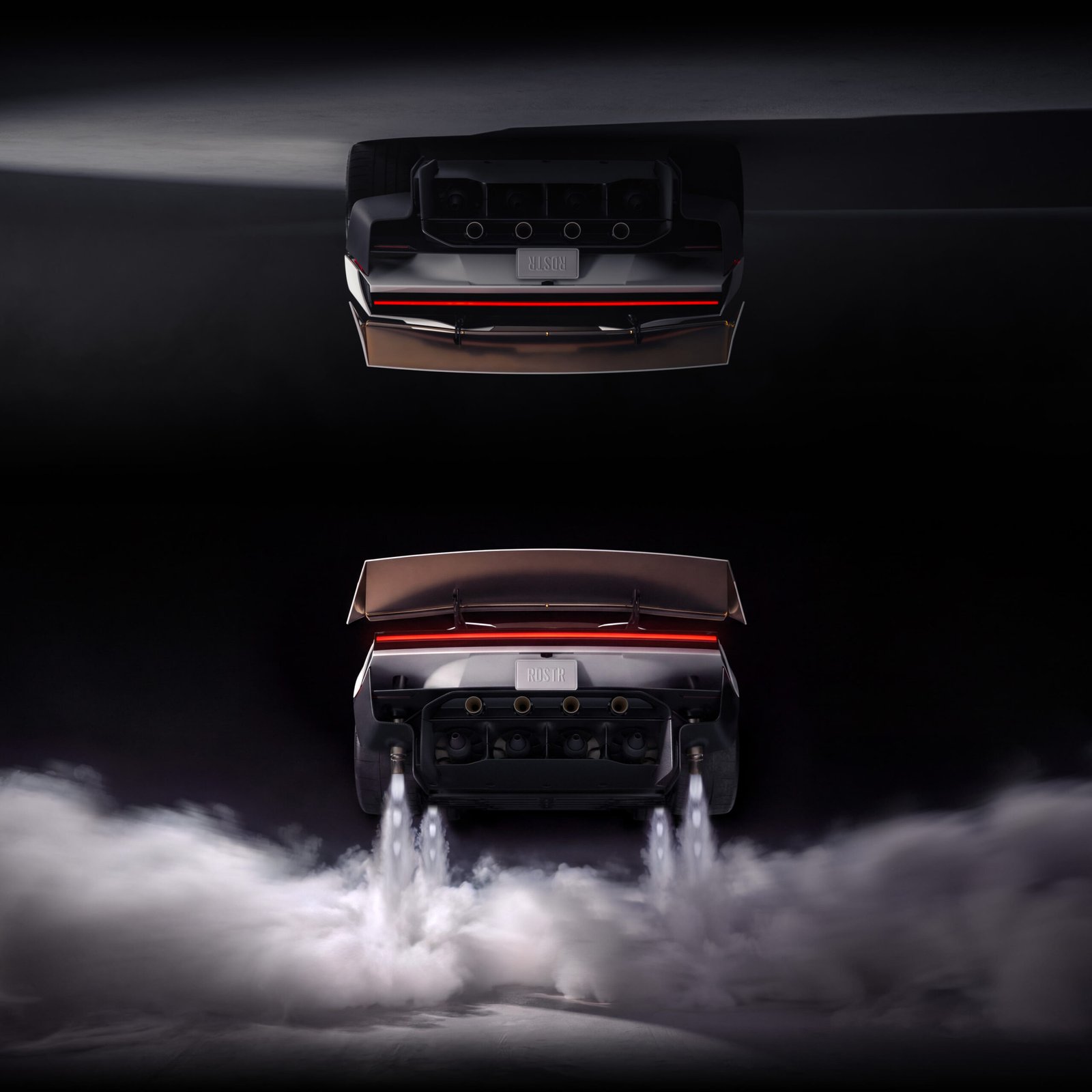 Imagen promocional de Tesla que muestra al Roadster en distintas posiciones y con los propulsores en funcionamiento